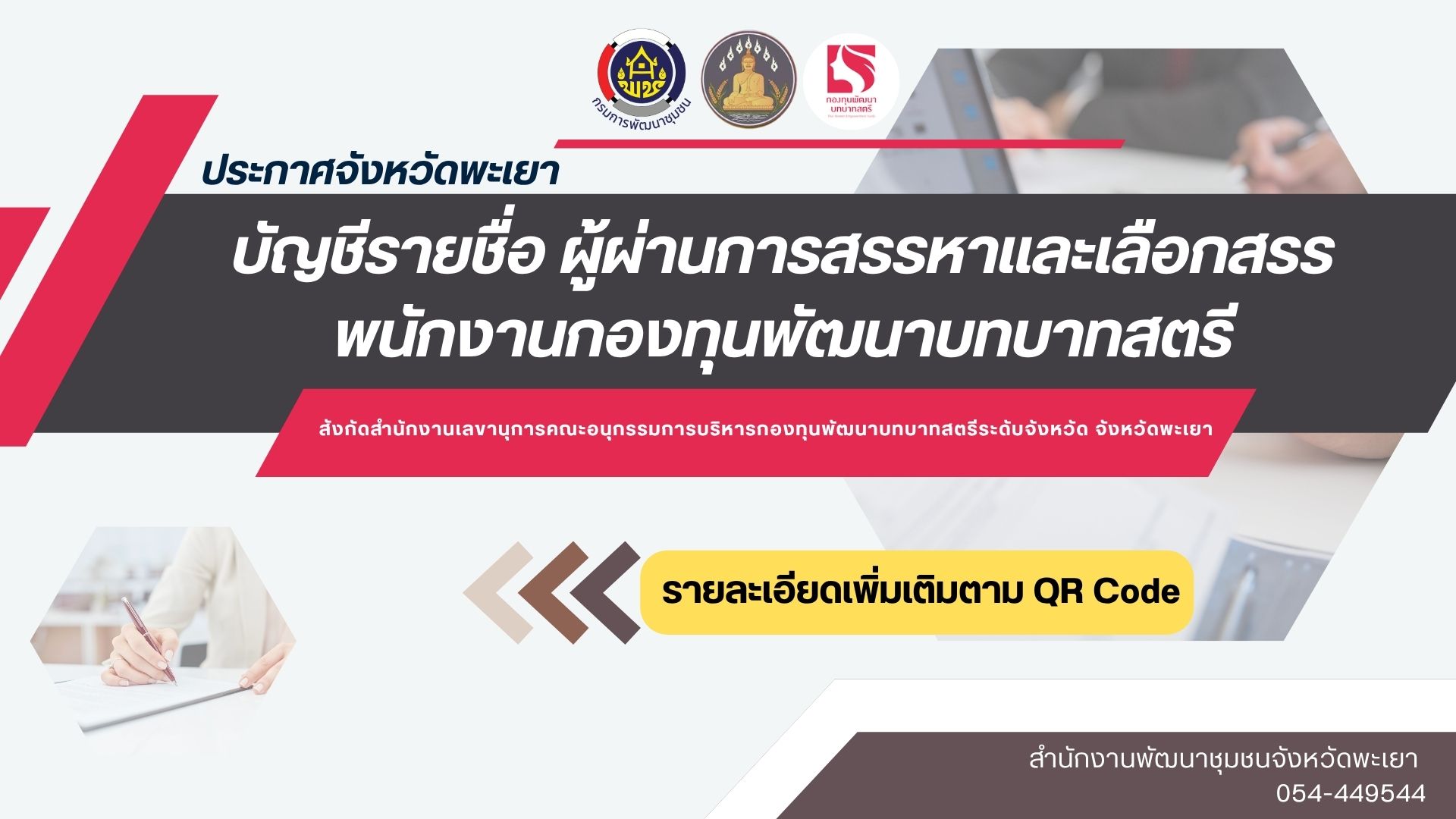 ประกาศจังหวัดพะเยา เรื่อง บัญชีรายชื่อผู้ผ่านการสรรหาและเลือกสรรรพนักงานกองทุนพัฒนาบทบาทสตรี สังกัดสำนักงานเลขานุการคณะอนุกรรมการบริหารกองทุนพัฒนาบทบาทสตรีระดับจังหวัด จังหวัดพะเยา