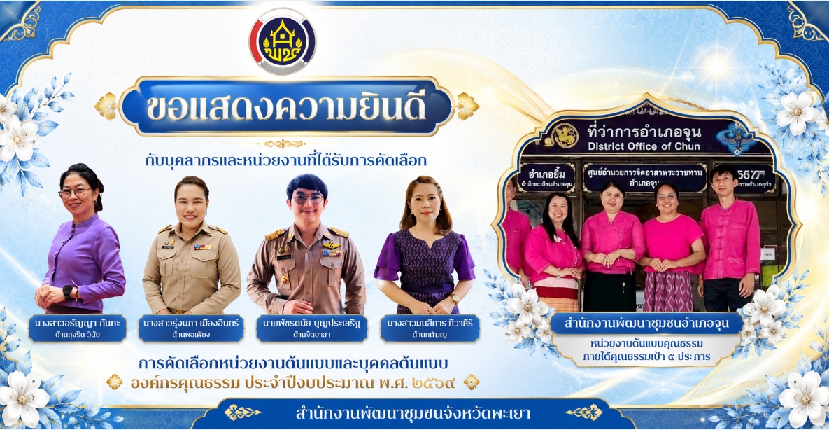 พช.พะเยา ขอแสดงความยินดีกับบุคคลต้นแบบและองค์กรคุณธรรม ประจำปีงบประมาณ พ.ศ. 2569